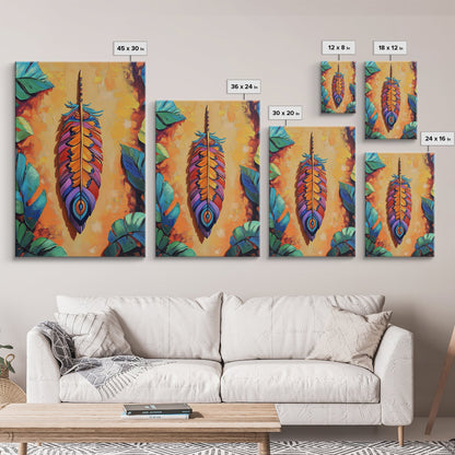 Bold Feather, Boho, Tropical, Colorful Framed Canvas Print, Eclectic Bedroom Wall Art, Boho Style Decor, Vibrant Southwest Wall Hanging