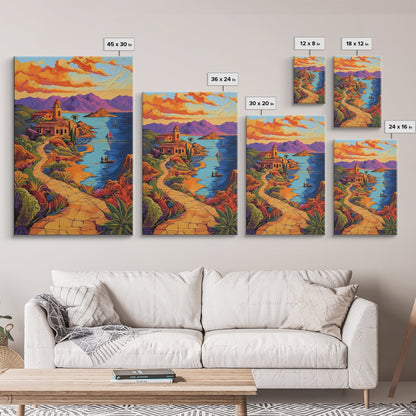 Coastal Village, Pathway, Sunset, Framed Canvas Print, Mediterranean coastal art, colorful landscape painting, boho living room wall decor