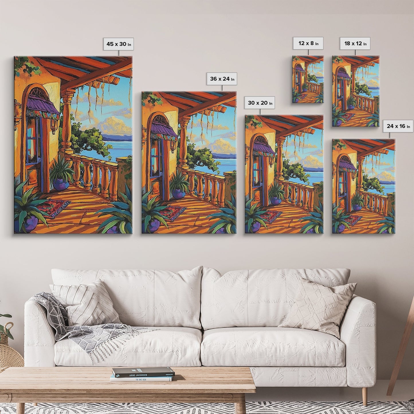 Porch Lake, Peaceful, View, Framed Canvas Print, relaxing patio art, summer lake view, rustic porch decor, Mediterranean vibes painting