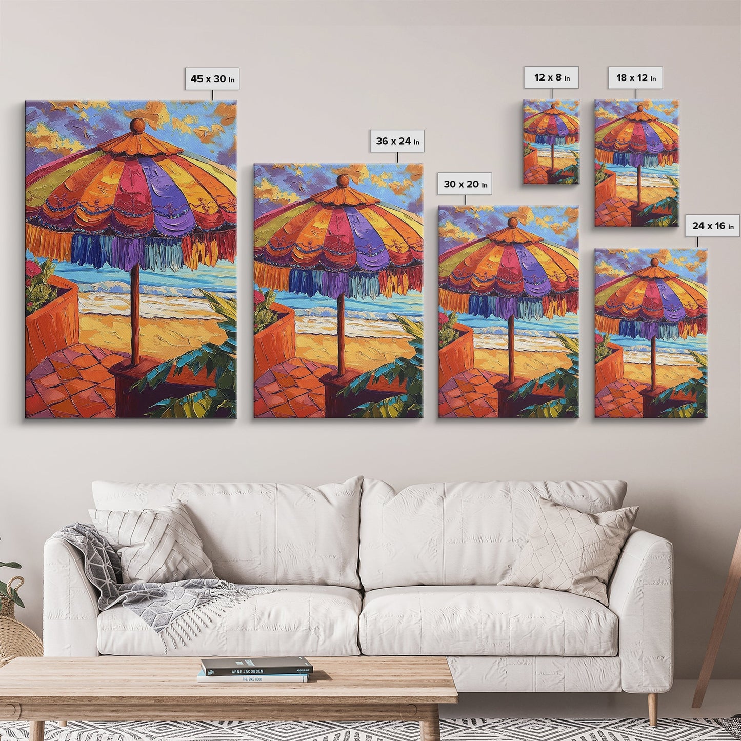 Beach Umbrella, Sunset, Framed Canvas Print, Tropical boho art, patio decor, summer beach vibe, colorful wall art, sunroom accent piece