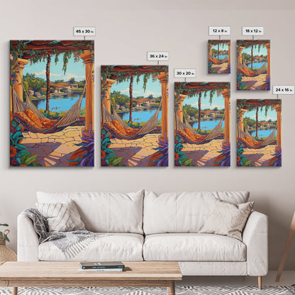 Hammock Patio, Relax, Lake, Framed Canvas Print, bohemian outdoor decor, tropical vacation art, summer patio vibe, living room wall art