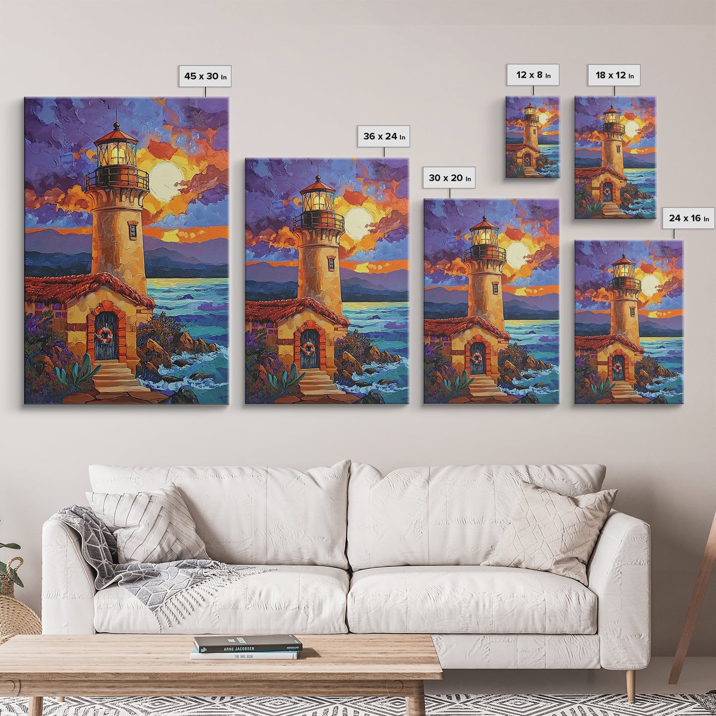 Moonlit Lighthouse, Rustic, Shore, Framed Canvas Print, Coastal Lighthouse Canvas, Dramatic Moon Ocean Scene, Rustic Nautical Wall Art