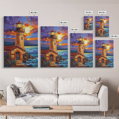 Moonlit Lighthouse, Rustic, Shore, Framed Canvas Print, Coastal Lighthouse Canvas, Dramatic Moon Ocean Scene, Rustic Nautical Wall Art