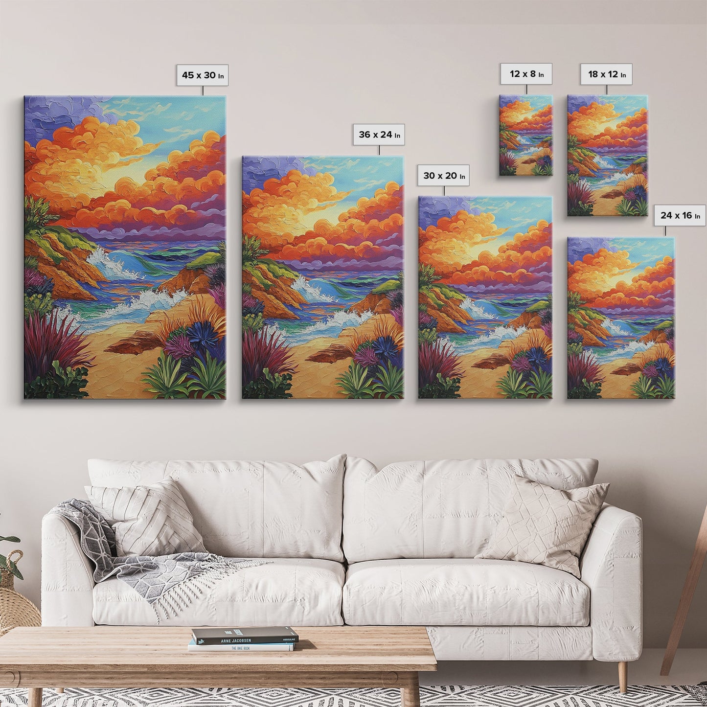 Seaside Sunset, Cliff, Dramatic Clouds Framed Canvas Print, Vibrant Ocean Wall Decor, Bathroom Beach Art, Coastal Expressionism