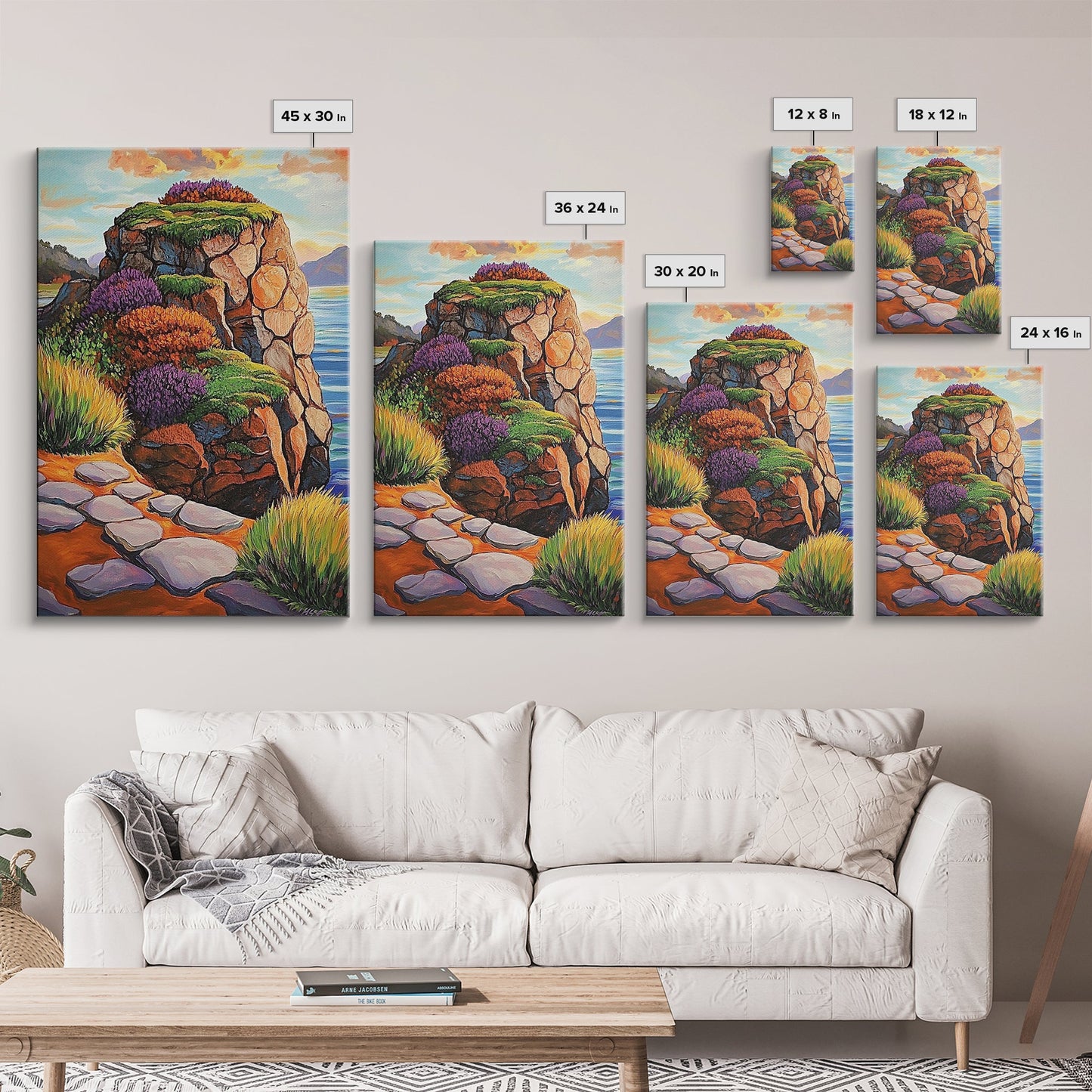 Rocky Cliff, Ocean, Wildflowers Canvas Print, Vibrant Coastal Wall Art, Hallway Nature Scene, Colorful Landscape Painting