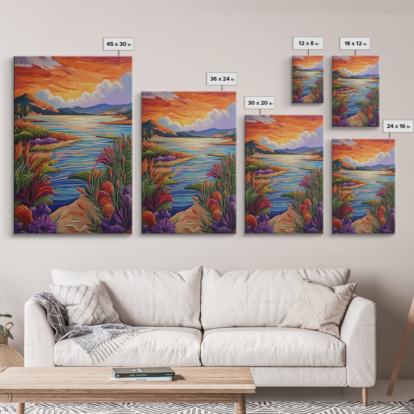 Lake Sunset, Wildflowers, Peaceful, Framed Canvas Print, Serene Nature Wall Art, Bedroom or Living Room Decor, Vibrant Landscape Style