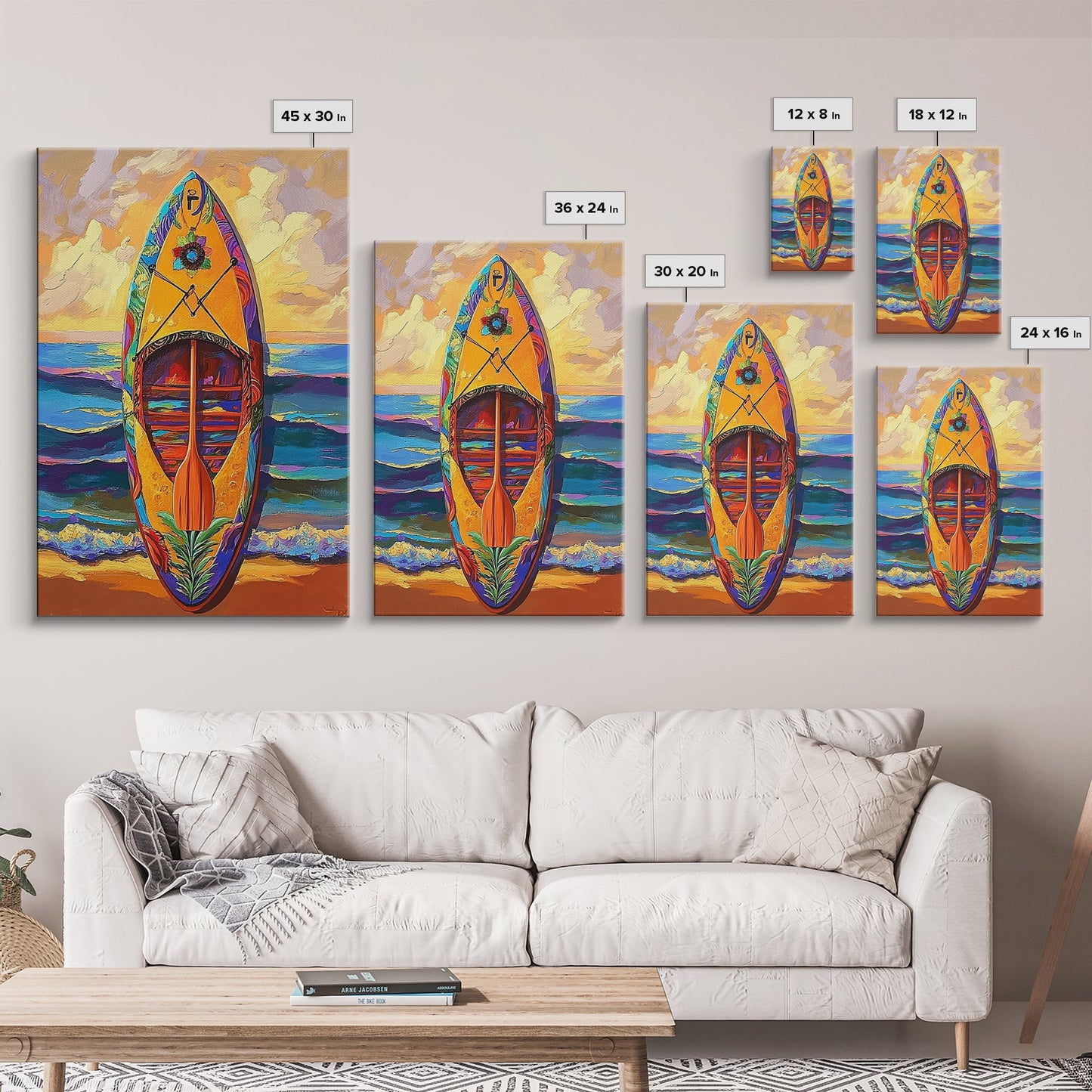 Yellow Surfboard Art, Vibrant Paddle Print, Colorful Beach Decor, Coastal Ocean Wall, Framed Canvas Print, Bathroom Wall Art, tropical art