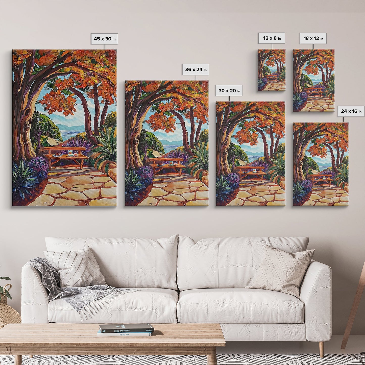 Autumn Table, Garden Path, Scenic View, Framed Canvas Print, cozy fall art, rustic decor, nature painting, Dining Room Wall Art