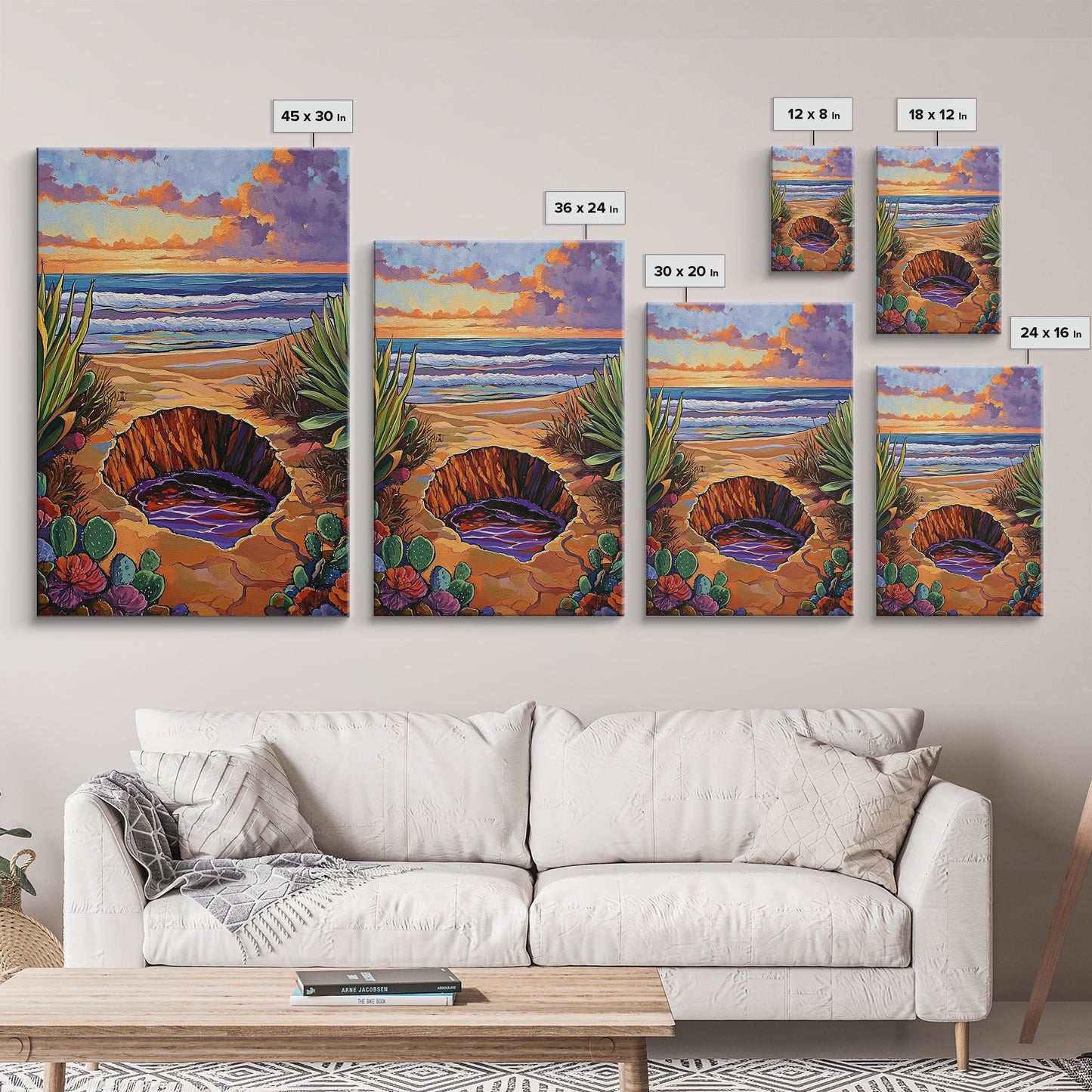 Desert Coast, Sunset Beach, Nature Hole, Surreal Art, Framed Canvas Print, Bedroom Wall Art, trippy boho decor, colorful landscape