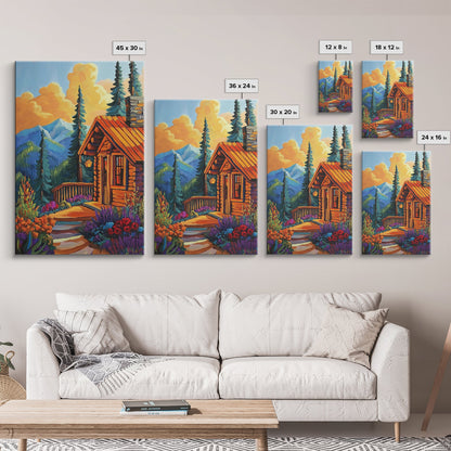 Cabin Escape, Fall Glow, Mountain Forest, Rustic Beauty, Canvas Print, Autumn Wall Art, Log Cabin Decor, Cozy Living Room Accent