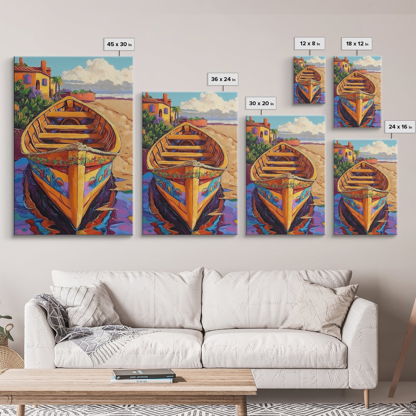 Painted Boat, Coastal Home, Nautical Style, Vibrant Beach Scene, Seaside Decor, Bathroom Wall Art, Canvas Print, Summer Vibes Art