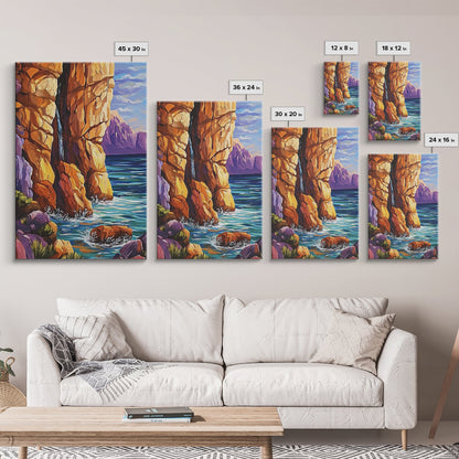 Canyon Waterfall, Ocean Cliffs, Nature Escape, Rugged Landscape, Fall Season Decor, Living Room Wall Art, Framed Canvas Print