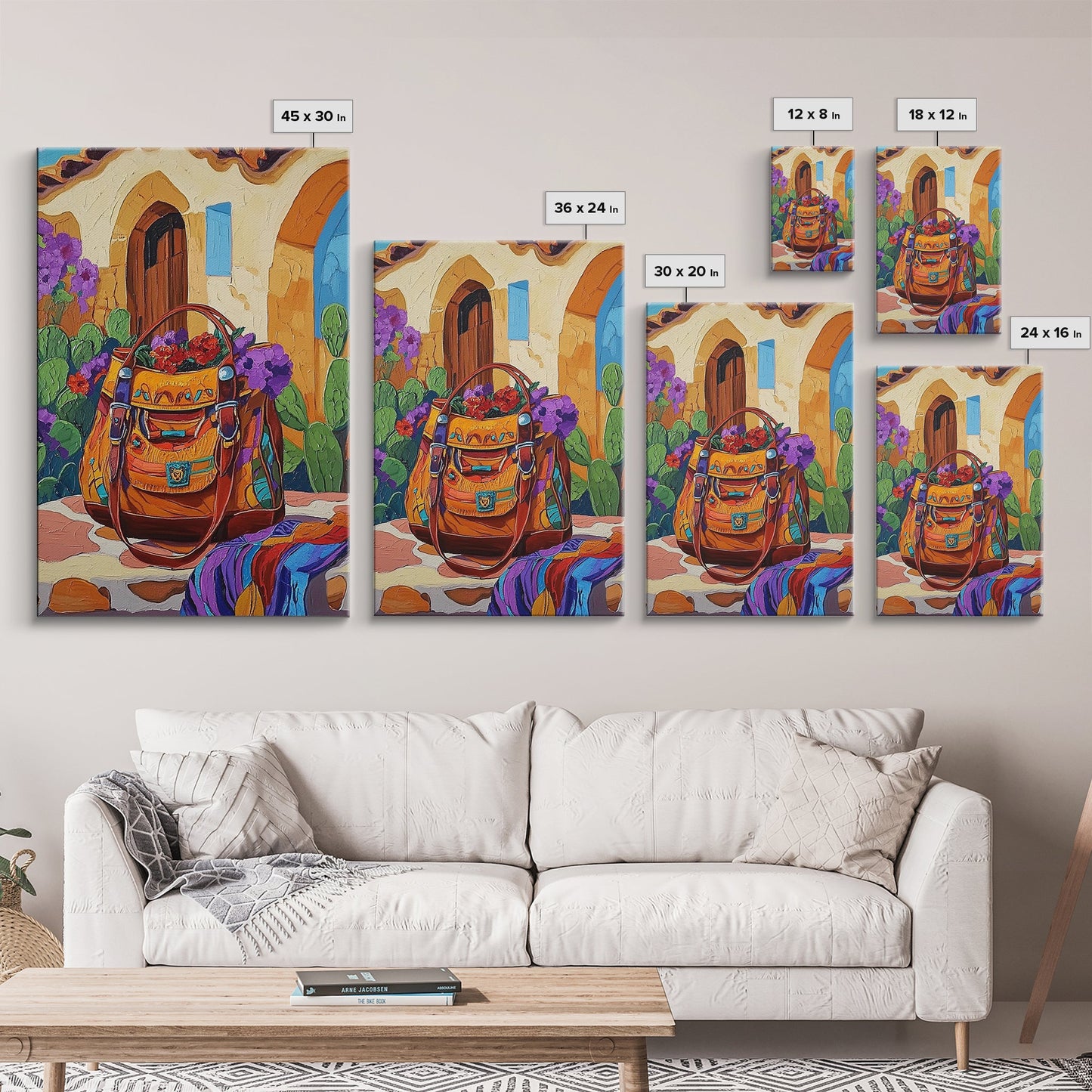 Saddle Bag, Desert Flowers, Southwest Style, Rustic Charm, Mexican Market Vibe, Entryway Wall Art, Framed Canvas Print, Colorful Boho Art