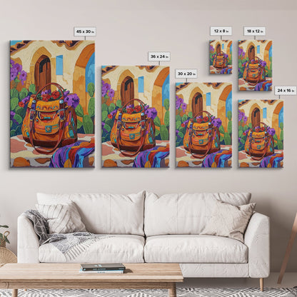 Saddle Bag, Desert Flowers, Southwest Style, Rustic Charm, Mexican Market Vibe, Entryway Wall Art, Framed Canvas Print, Colorful Boho Art