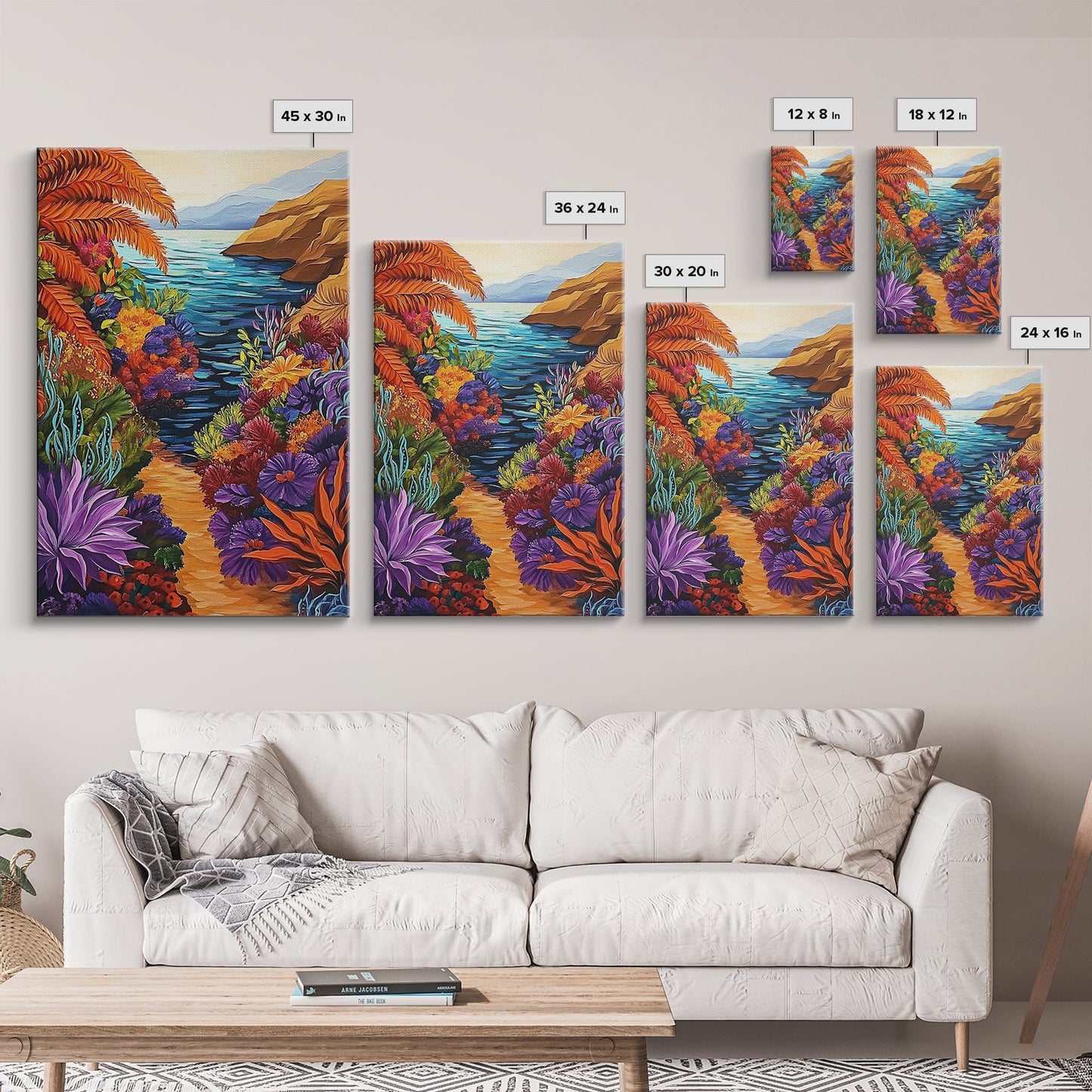 Hidden Cove, Ocean Trail, Botanical Beauty, Colorful Path, Framed Canvas Print, tropical jungle painting, hallway wall art, boho art