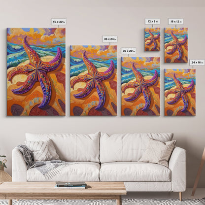 Starfish Closeup, Vibrant Shore, Ocean Texture, Coastal Beauty, Framed Canvas Print, Bathroom Wall Art, Beach House Decor, Seaside Boho Art
