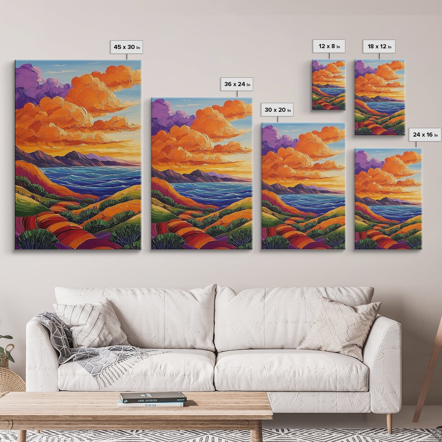 Coastal Hills, Sunset Path, Ocean View, Fiery Sky — Framed Canvas Print Autumn landscape painting, colorful kitchen wall art, boho decor