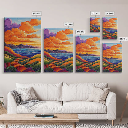 Coastal Hills, Sunset Path, Ocean View, Fiery Sky — Framed Canvas Print Autumn landscape painting, colorful kitchen wall art, boho decor