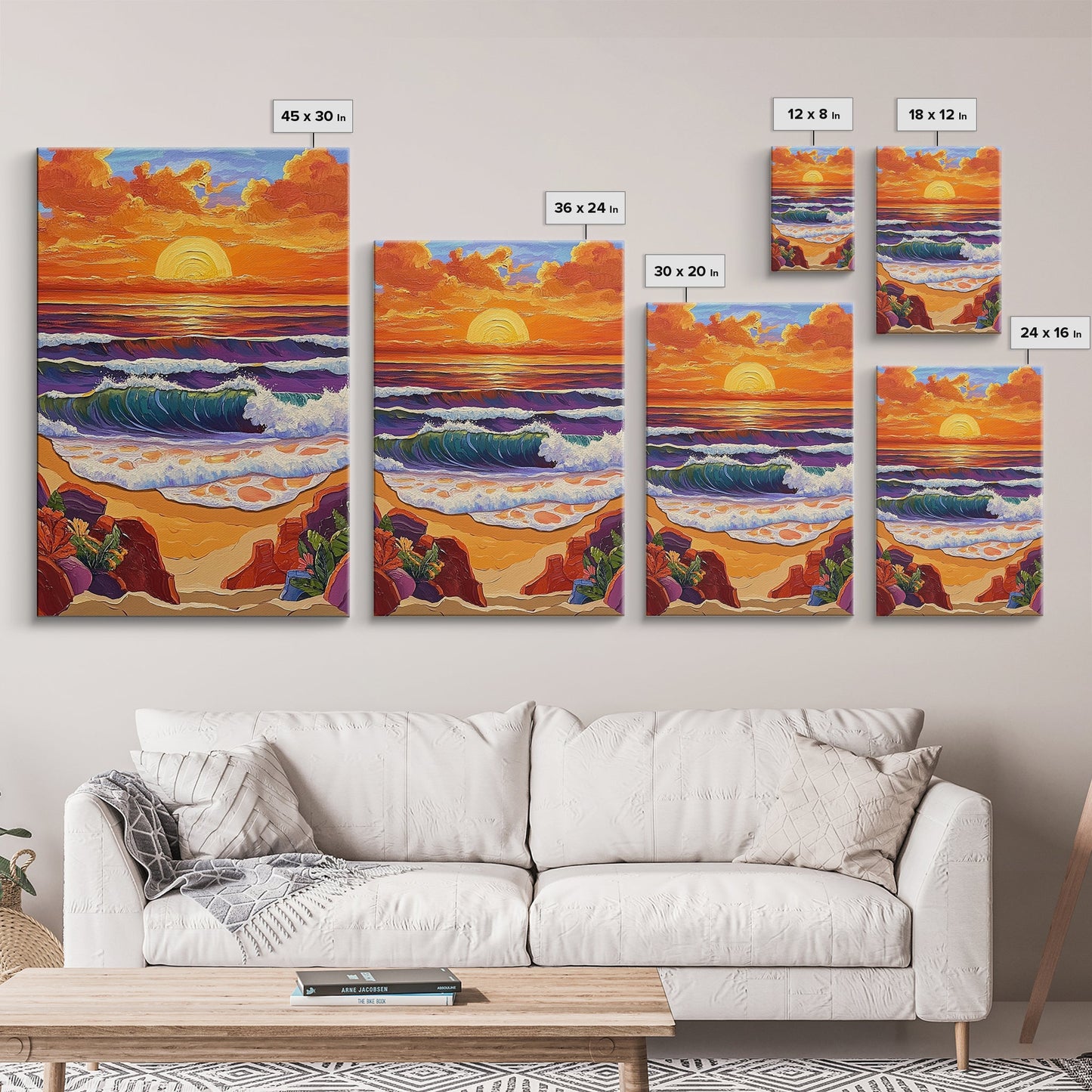 Sunset Beach, Crashing Waves, Golden Sky, Ocean Horizon — Canvas Print tropical landscape art, bathroom wall decor, modern beach vibe