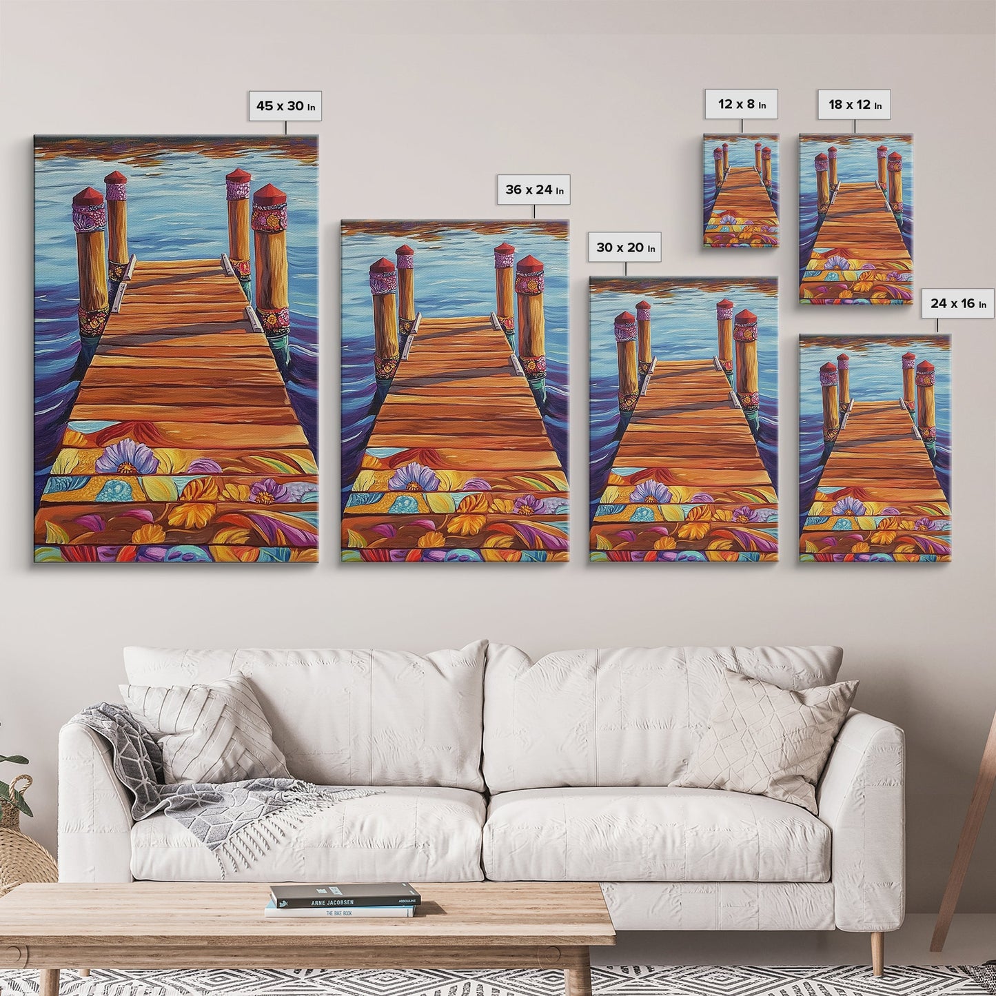 Painted Dock Scene, Vibrant Water Art, Lake House Decor, Canvas Print, Boho Coastal Wall Art, Summer Vibes, Nature Inspired