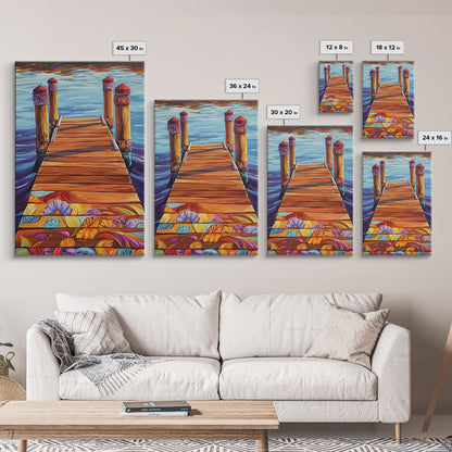 Painted Dock Scene, Vibrant Water Art, Lake House Decor, Canvas Print, Boho Coastal Wall Art, Summer Vibes, Nature Inspired