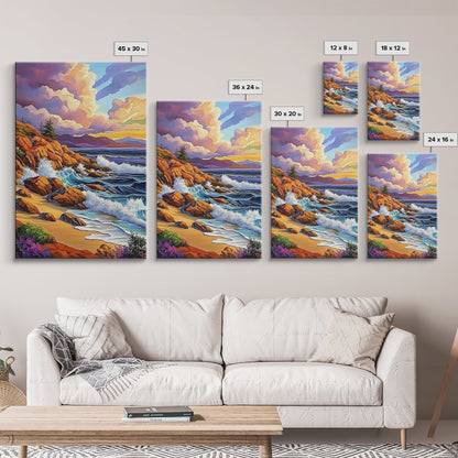 Rocky Beach Landscape, Dramatic Sky Scene, Coastal Ocean View, Canvas Print, Fall Nature Decor, Living Room Wall Art