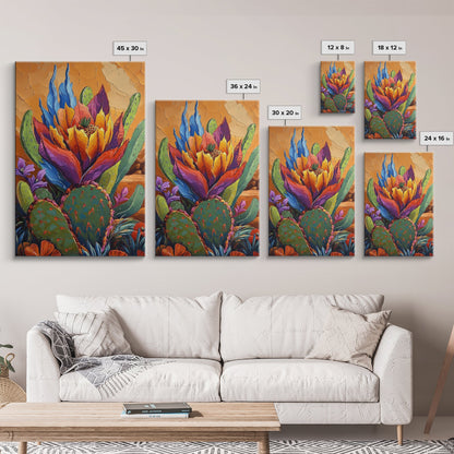 Cactus Blooming, Desert, Vivid, Framed Canvas Print bold southwest art, colorful desert cactus, southwestern home decor, kitchen wall art