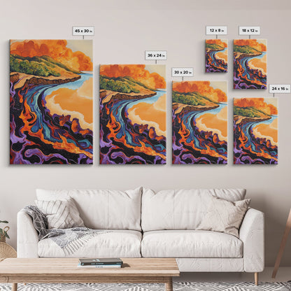 Lava Coastline, Molten Waves, Abstract Nature, Volcanic Scene, Framed Canvas Print, Fall Wall Art, Moody Decor, Earthy Abstract Art