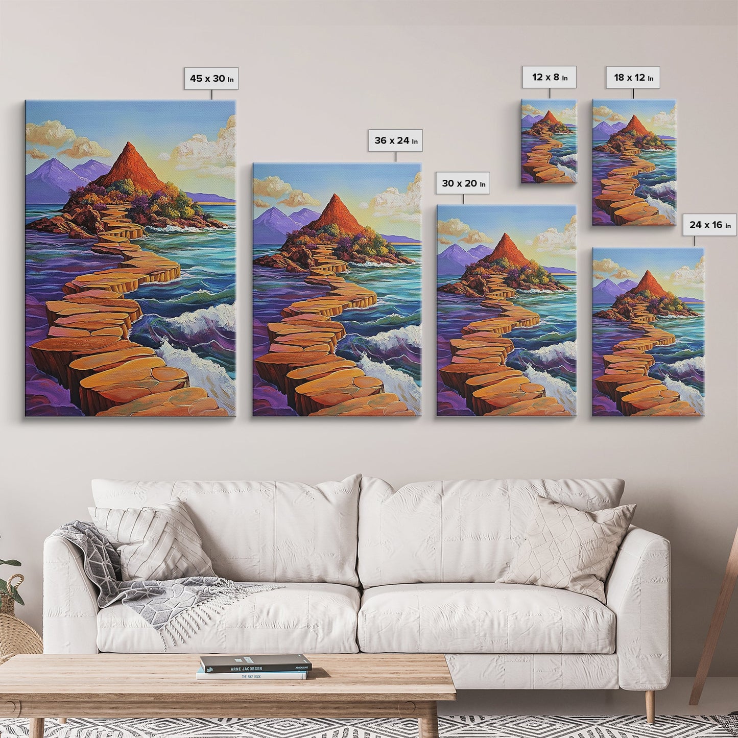 Island Pathway, Ocean Steps, Dreamy Seascape, Colorful Rocks, Framed Canvas Print, Hallway Wall Art, Coastal Home Decor, Zen Art