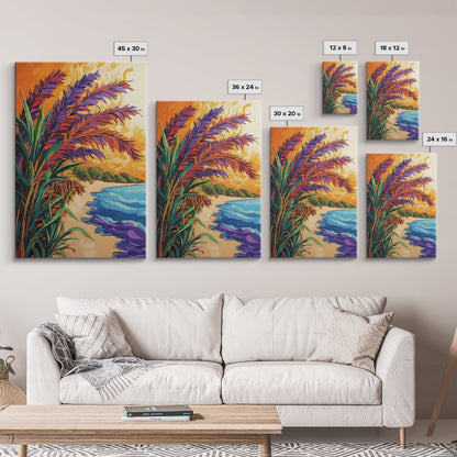 Vibrant Beach Grass, Sunset Ocean View, Coastal Wall Decor, Tropical Vibes, Framed Canvas Print, Summer Living Room Wall Art