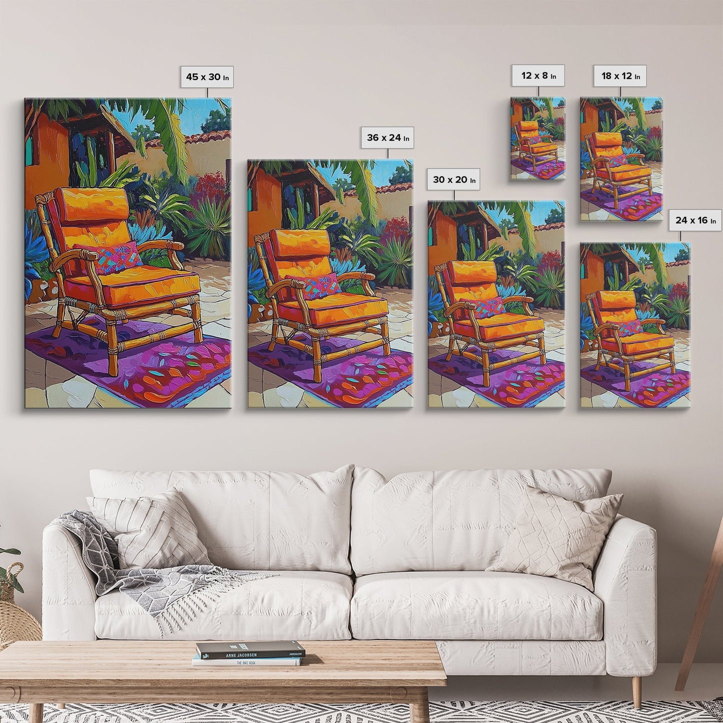 Chair Patio Palm, Tropical, Framed Canvas Print tropical garden wall art, colorful patio vibes, summer decor, boho sunroom wall art