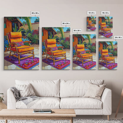 Chair Patio Palm, Tropical, Framed Canvas Print tropical garden wall art, colorful patio vibes, summer decor, boho sunroom wall art