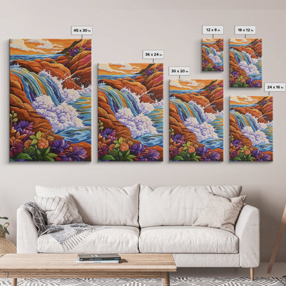 Coastal Waterfall, Ocean Rocks, Tropical Seascape, Sunset Art, Framed Canvas Print bathroom decor, beach lovers gift, colorful nature art
