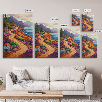 Winding Trail, Ocean Cliffs, Coastal Landscape, Mountain View, Framed Canvas Print, rustic wall art, cabin decor, colorful nature painting