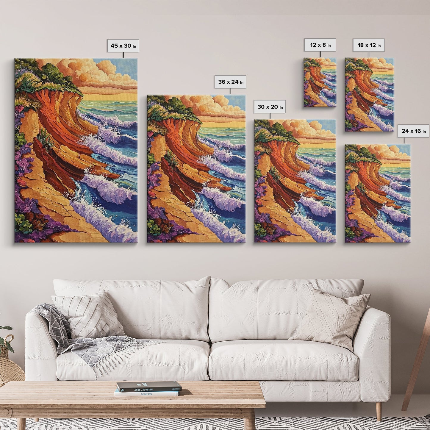 Waves Cliffs, Nature Surf, Canvas Print dramatic ocean surf painting, coastal boho landscape art, Living Room Wall Art, beachy decor