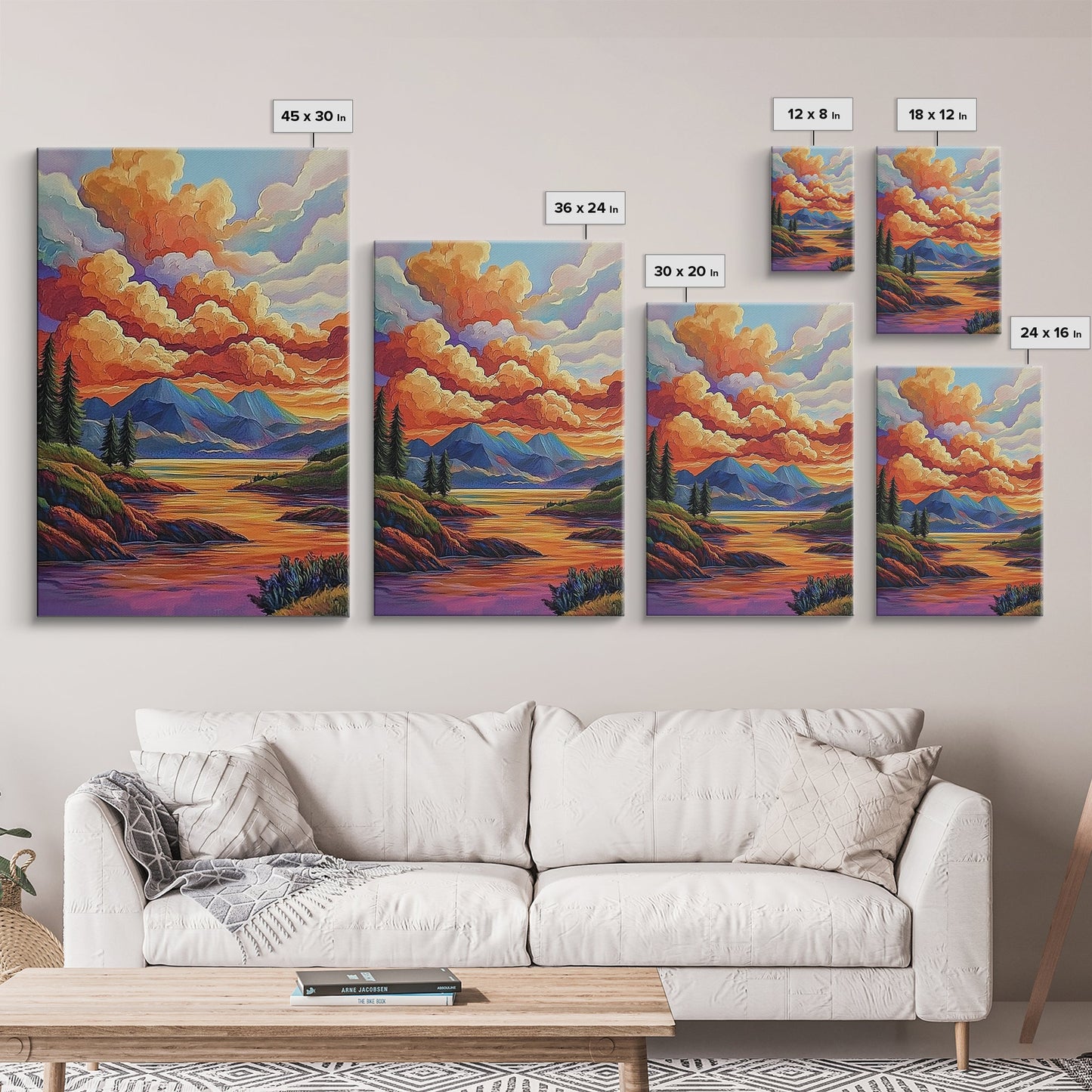 Mountains Lake, Sky Reflection, Canvas Print sunset mountain scene wall decor, serene nature landscape painting, Living Room Wall Art