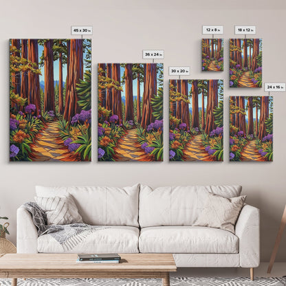 Forest Trail Trees, Nature, Canvas Print enchanted forest path wall art, redwoods hiking trail decor, Living Room Wall Art, boho vibes