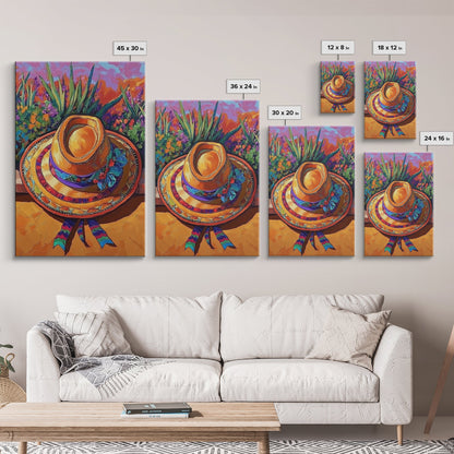 Sombrero, Garden, Boho, Floral, Framed Canvas Print, Bright floral garden sombrero artwork, perfect boho colorful kitchen wall art