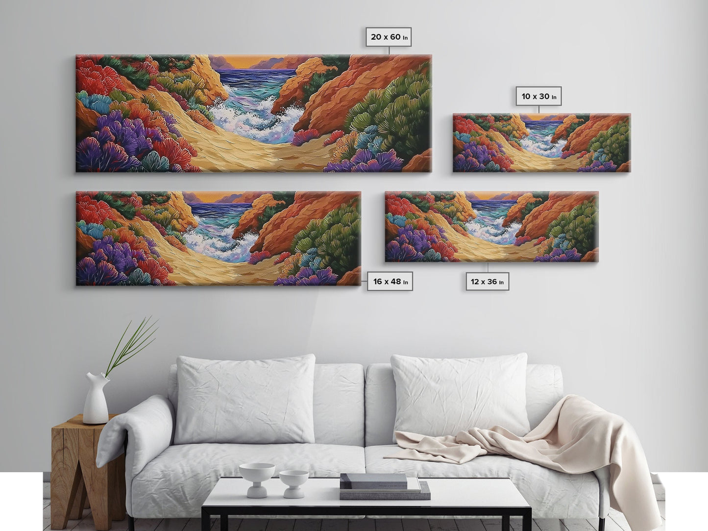 Ocean Path, Colorful Cliffs, Bright Beach, Nature Trail, Framed Canvas Print, Coastal Wall Art, Hallway Decor, Vibrant Seaside Painting