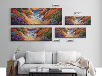 Ocean Path, Colorful Cliffs, Bright Beach, Nature Trail, Framed Canvas Print, Coastal Wall Art, Hallway Decor, Vibrant Seaside Painting