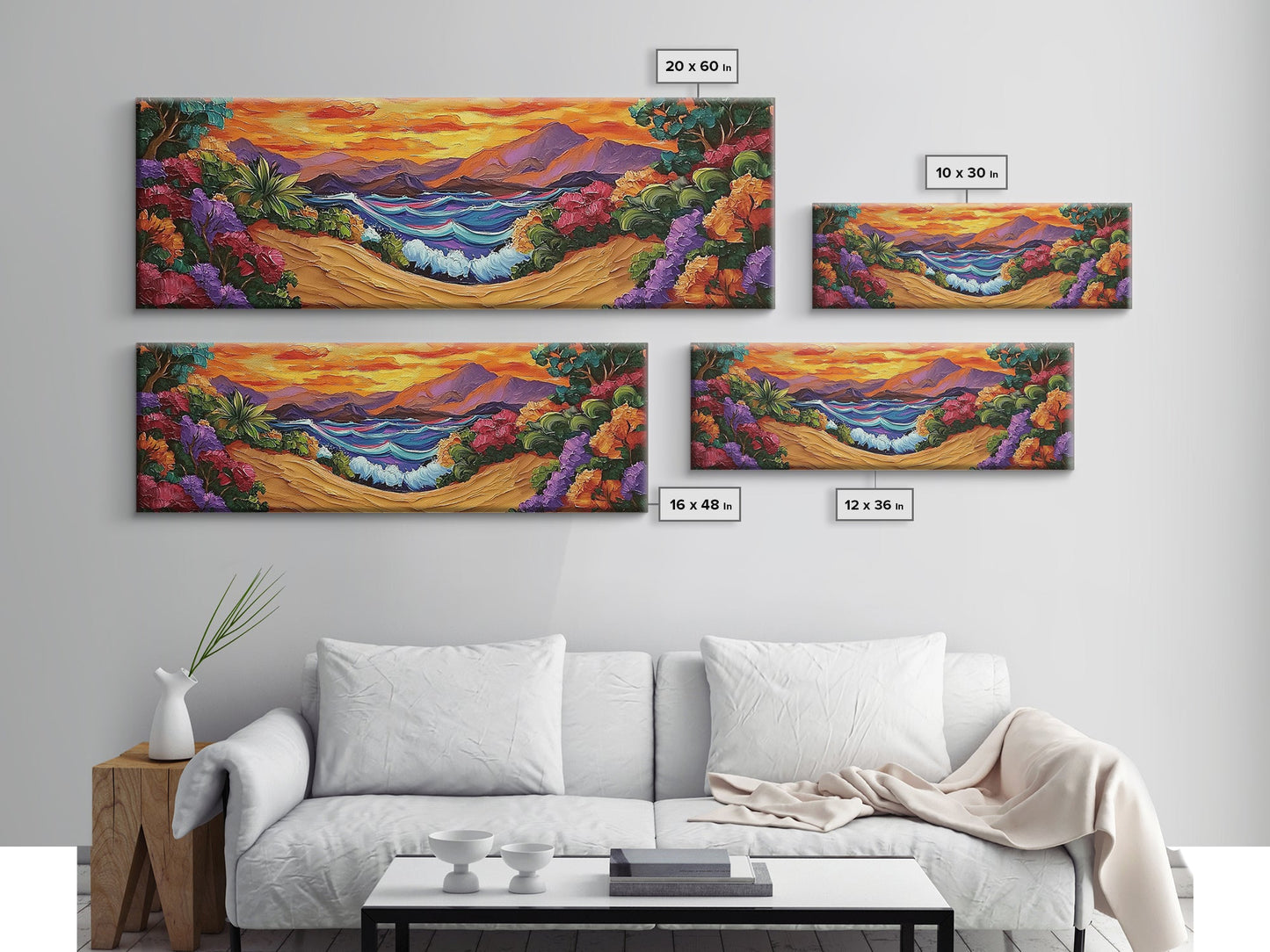 Tropical Sunset Cove, Vibrant Ocean Painting, Beach House Decor, Bold Nature Scene, Boho Living Room Canvas Print, Nature Painting