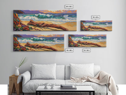 Ocean Shore Driftwood, Seaside Flower Art, Nature Landscape, Framed Canvas Print, Coastal Living Room or Beach House Wall Art