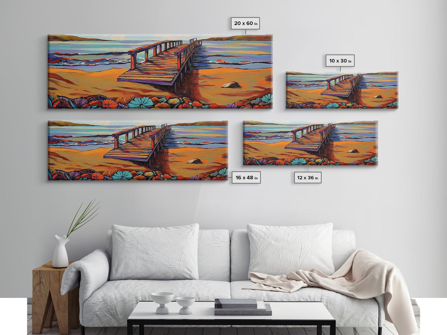 Seaside Pier, Vibrant Coast, Beach View, Framed Canvas Print, coastal artwork, beach house decor, summer vibes, living room art