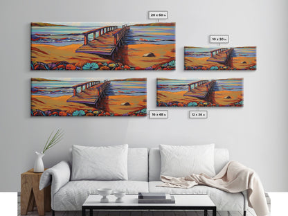 Seaside Pier, Vibrant Coast, Beach View, Framed Canvas Print, coastal artwork, beach house decor, summer vibes, living room art