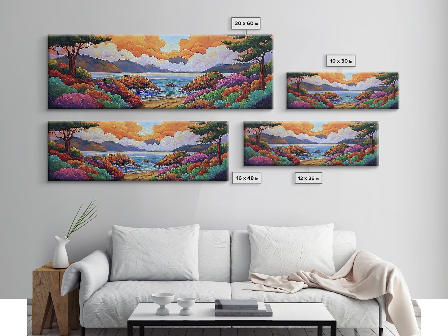 Vibrant Coastal View, Ocean Sunset Landscape, Floral Beach Scene, Framed Canvas Print, Colorful Wall Art, Tropical Living Room