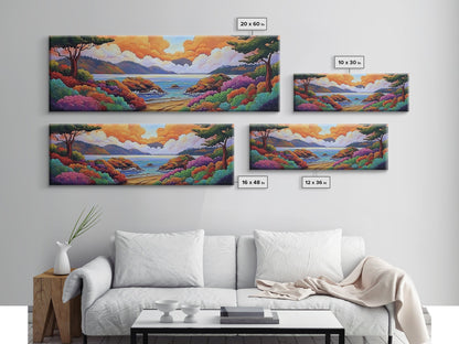 Vibrant Coastal View, Ocean Sunset Landscape, Floral Beach Scene, Framed Canvas Print, Colorful Wall Art, Tropical Living Room