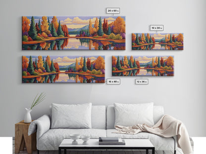 Autumn Reflections Painting, Lakeside Forest Landscape, Fall Color Trees, Framed Canvas Print, Cabin Wall Art, Cozy Living Room