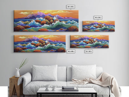 Coastal Rocks Waves, Sunset Ocean Painting, Colorful Seaside View, Framed Canvas Print, Nautical Wall Art, Living Room Decor