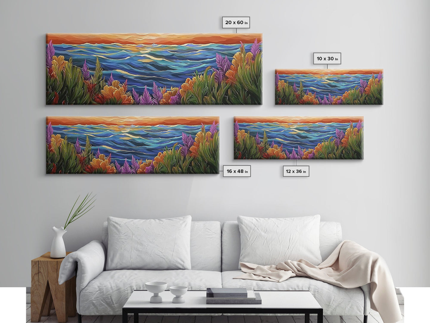 Ocean Horizon, Sunset Sea, Flower Garden, Nature Escape, Canvas Print, Beach House Decor, Tropical Seascape Wall Art