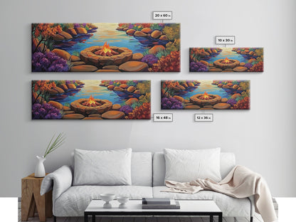 Campfire by River, Autumn Glow, Cozy Outdoor Scene, Framed Canvas Print, fall landscape, rustic decor, lodge wall art, den artwork